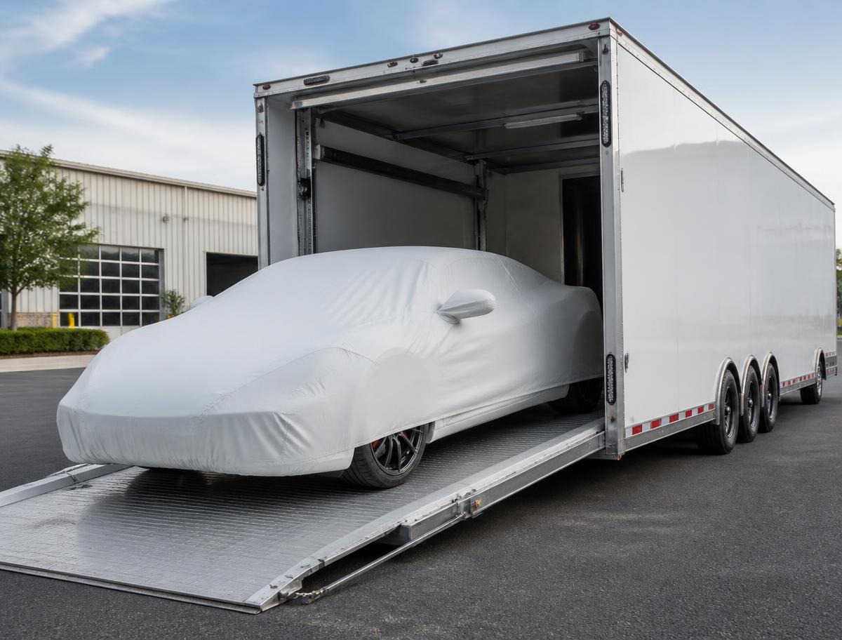 Enclosed car transport trailer with a covered luxury vehicle being loaded